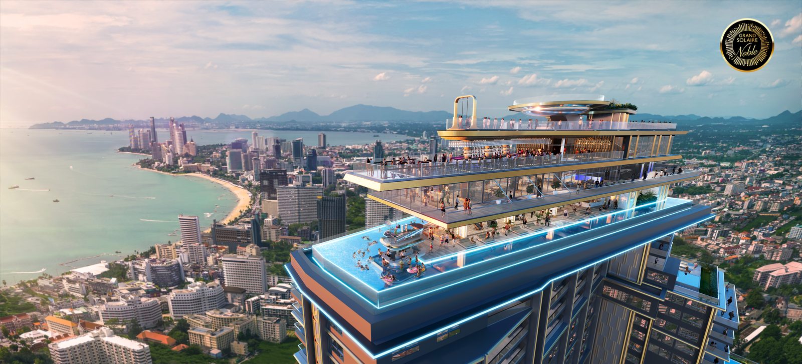 SkyPool 360° และรูฟท็อปคอมเพล็กซ์ยามพระอาทิตย์ตก มองเห็นอ่าวพัทยาและหาดจอมเทียน