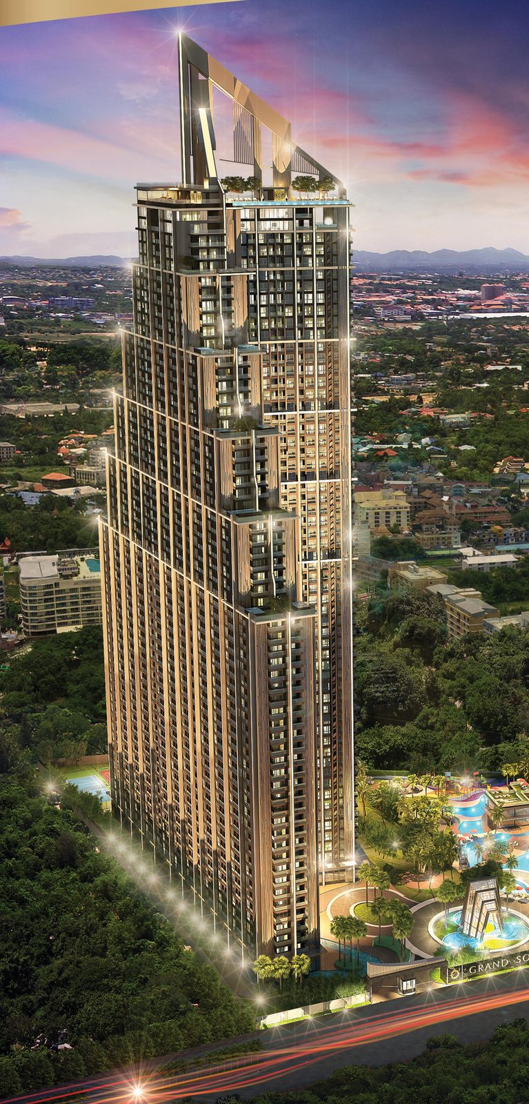 ภาพจำลองอาคารและพื้นที่สวนส่วนกลางยามค่ำคืน