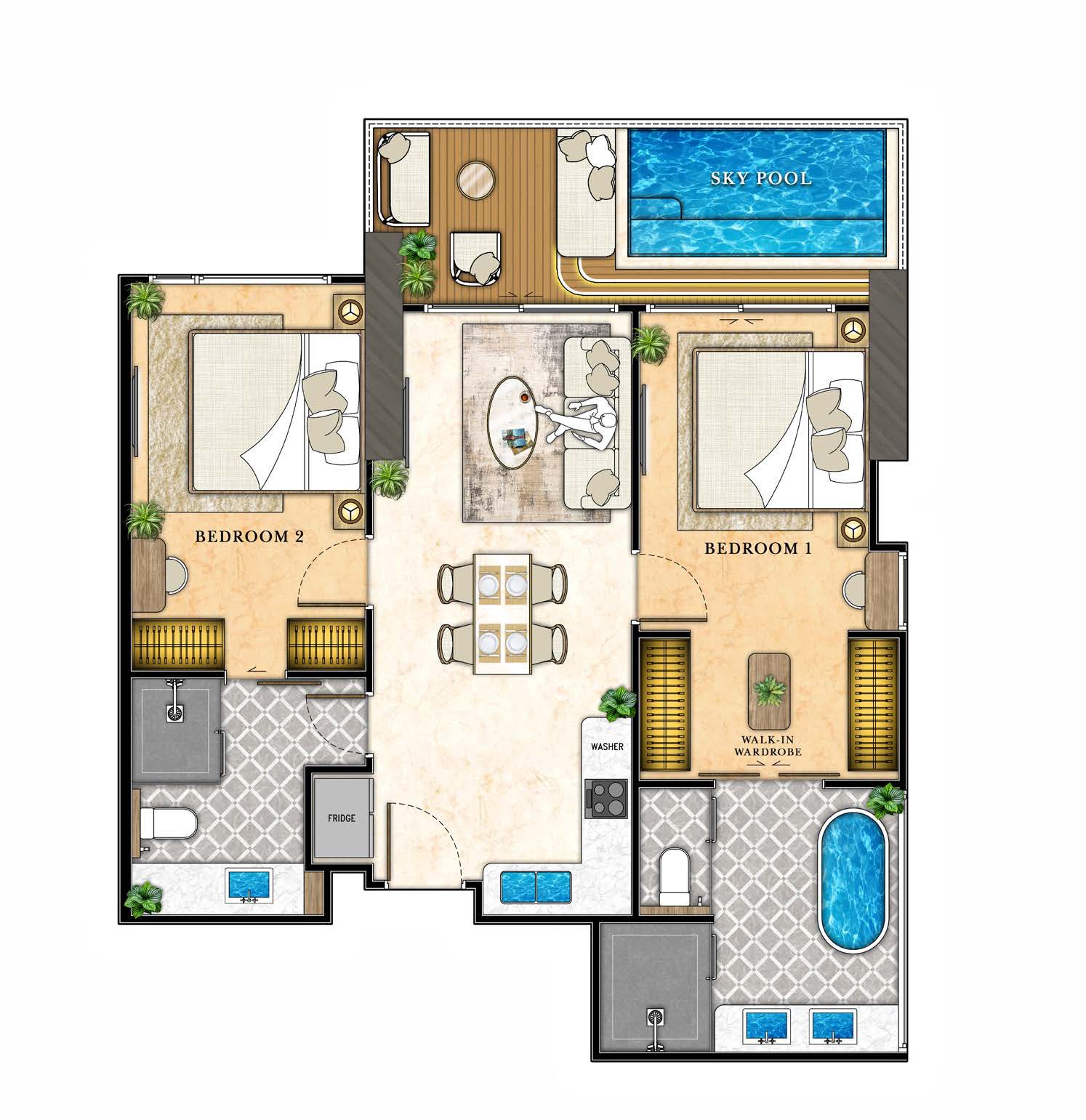 แปลนห้อง 2 ห้องนอน แบบ 2B5 (San Pedro) 84 ตร.ม. พร้อมสระส่วนตัว
