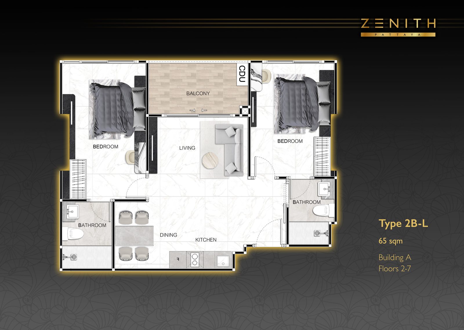แปลนห้อง 2 ห้องนอน Type 2B-L (65 ตร.ม.)
